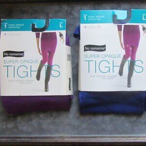 2 Pairs New in Package No nonsense Super Opaque Tights Sz L Royal Blue & Purple